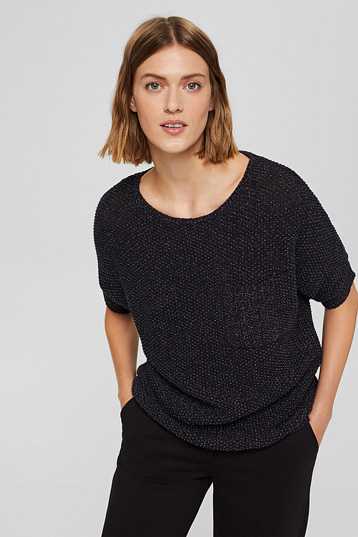 Short-sleeved jumper in blended cotton, BLACK, overview