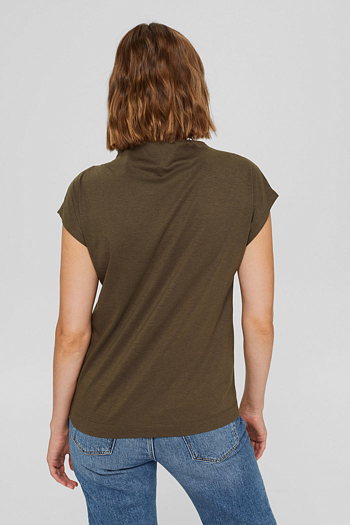 With TENCEL™: T-shirt with band collar, DARK KHAKI, detail image number 3