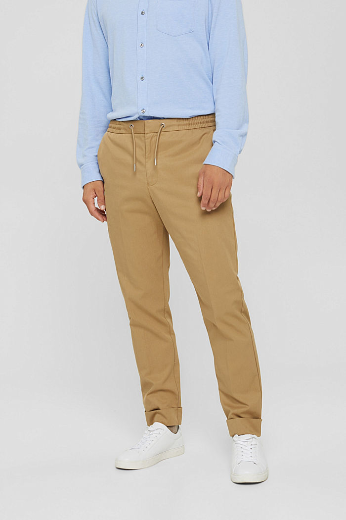 Chinos with an elasticated waistband made of blended organic cotton, BEIGE, overview