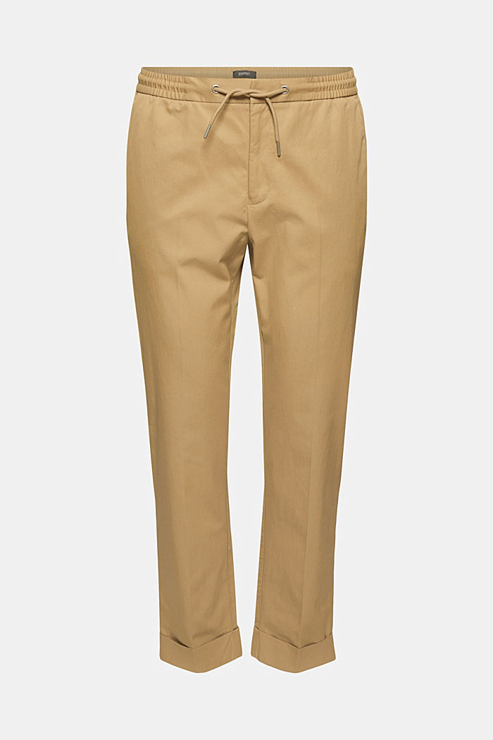 Chinos with an elasticated waistband made of blended organic cotton, BEIGE, overview