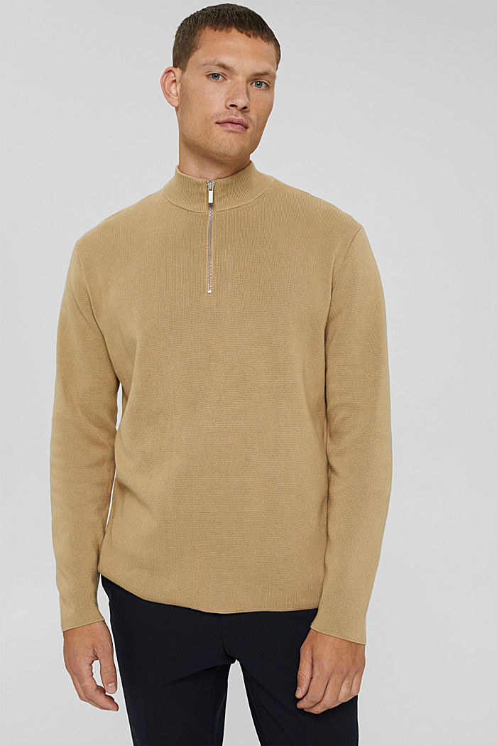 Zip-neck jumper made of 100% Pima cotton, BEIGE, detail image number 0