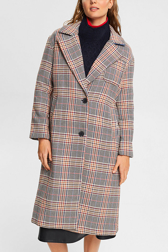 Checked wool blend coat with inside drawstring