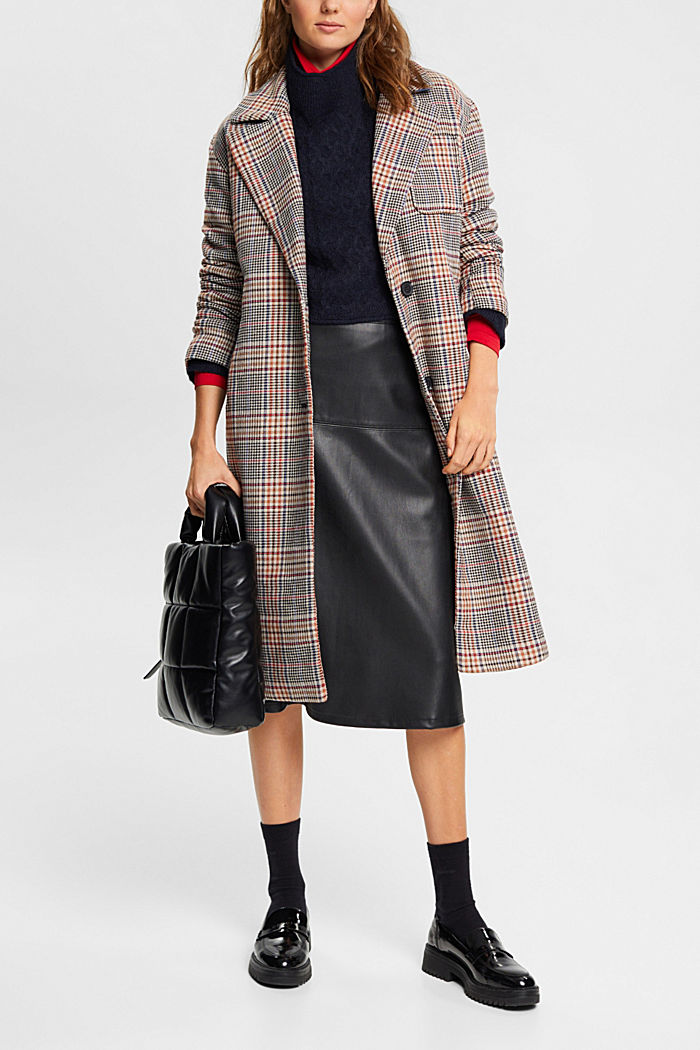 Checked wool blend coat with inside drawstring, BLACK, detail-asia image number 1