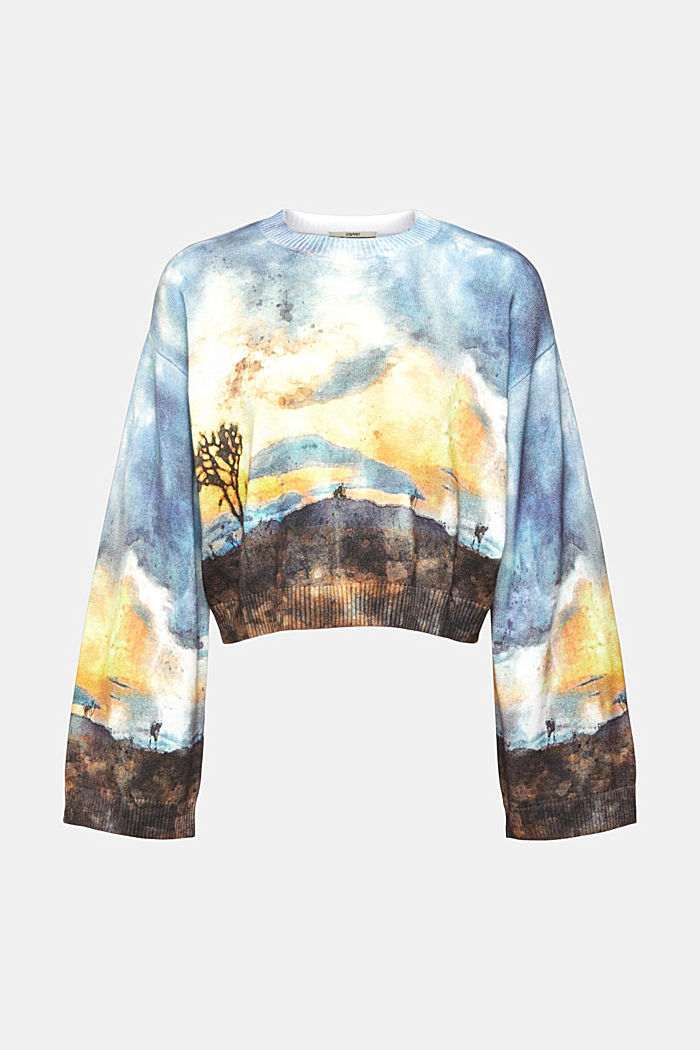 All-over landscape digital print cropped sweater, DARK BLUE, detail-asia image number 7