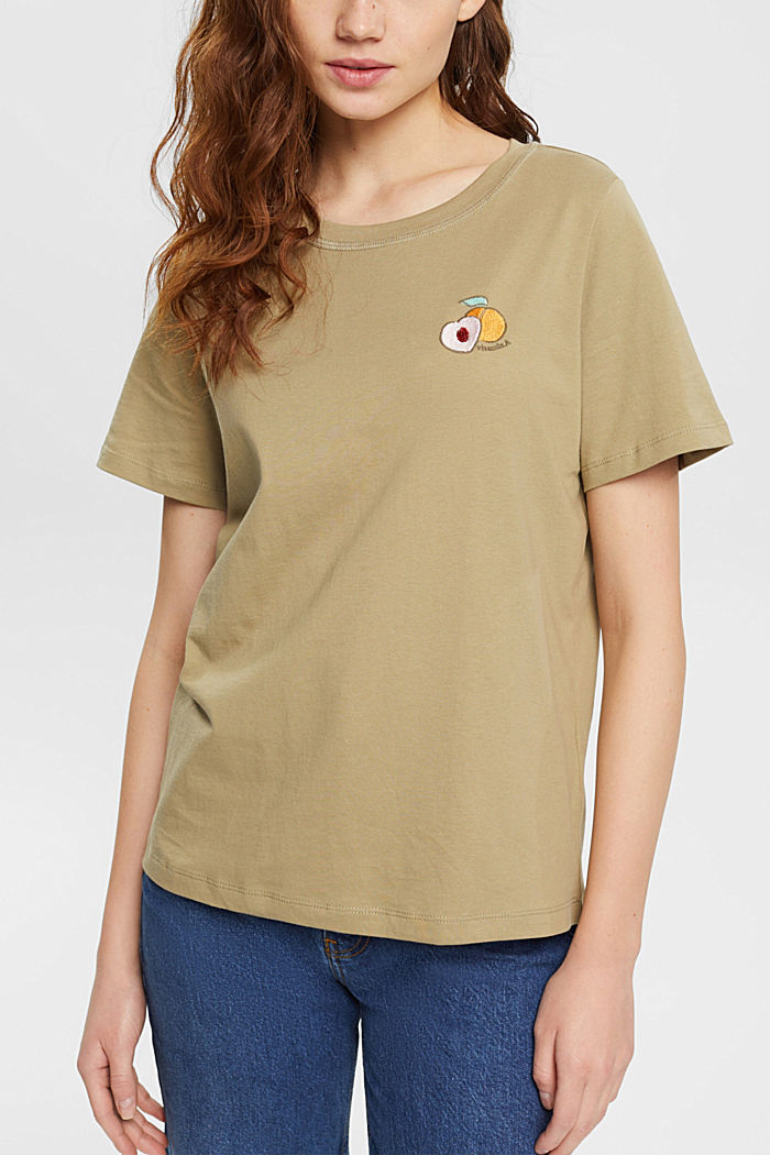 T-shirt with embroidered motif, PALE KHAKI, detail-asia image number 0