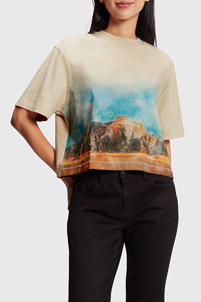 Front panel gradient landscape print cropped tee, BEIGE, detail-asia image number 0