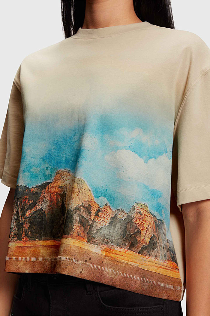 Front panel gradient landscape print cropped tee, BEIGE, detail-asia image number 2