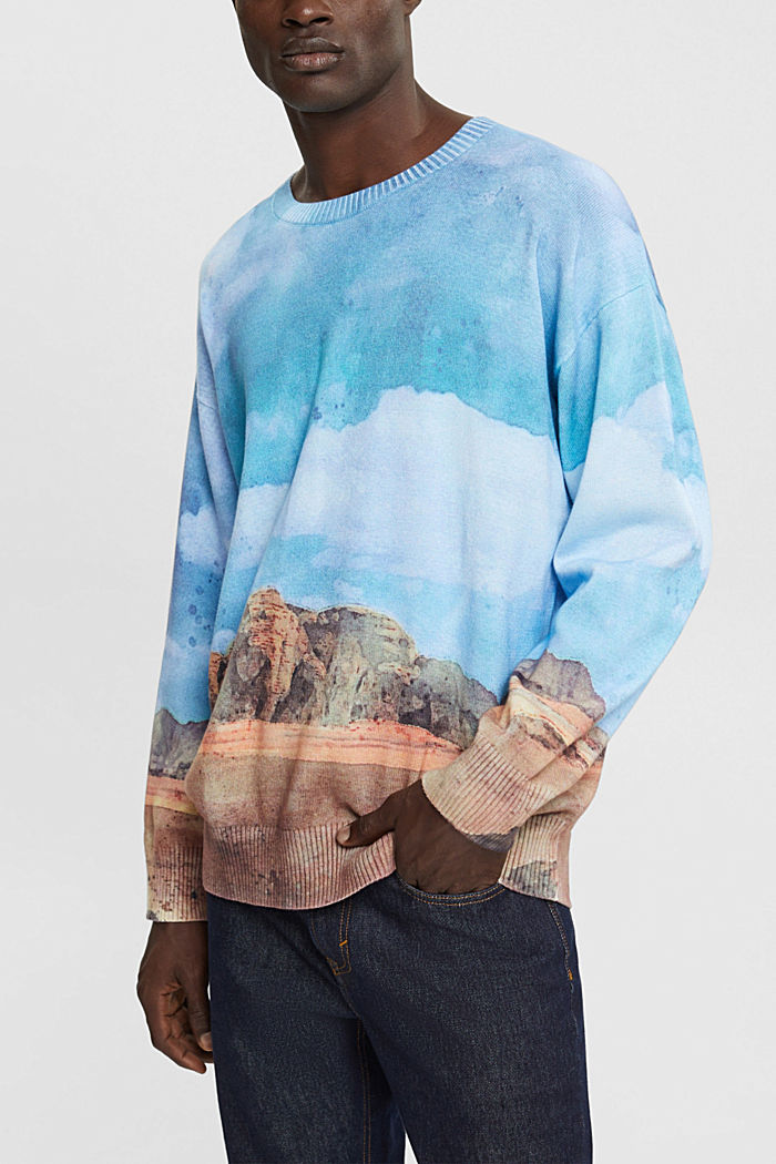 All-over landscape digital print sweater, TURQUOISE, detail-asia image number 0
