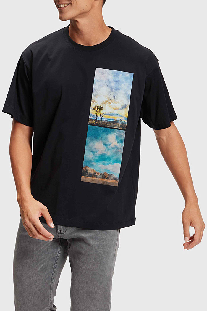 Stacked landscape print t-shirt, BLACK, detail-asia image number 0