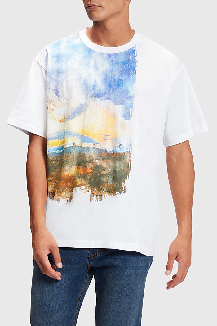 프런트 패널 랜드스케이프 디지털 프린트 티셔츠, WHITE, detail-asia image number 0