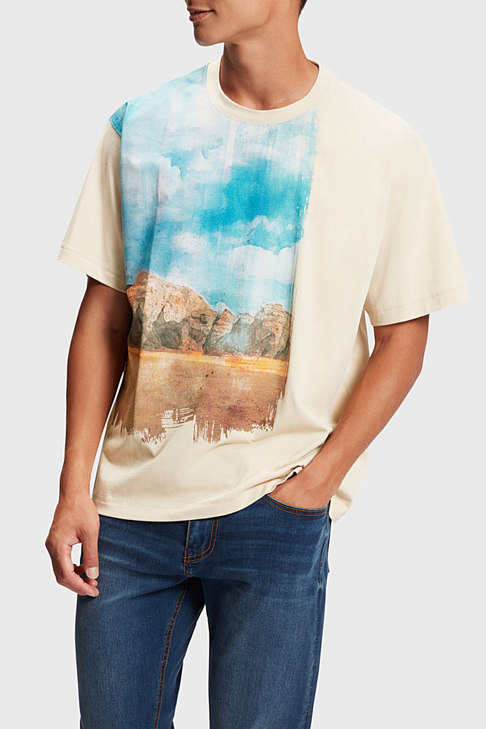 Front panel landscape digital print t-shirt, BEIGE, detail-asia image number 0