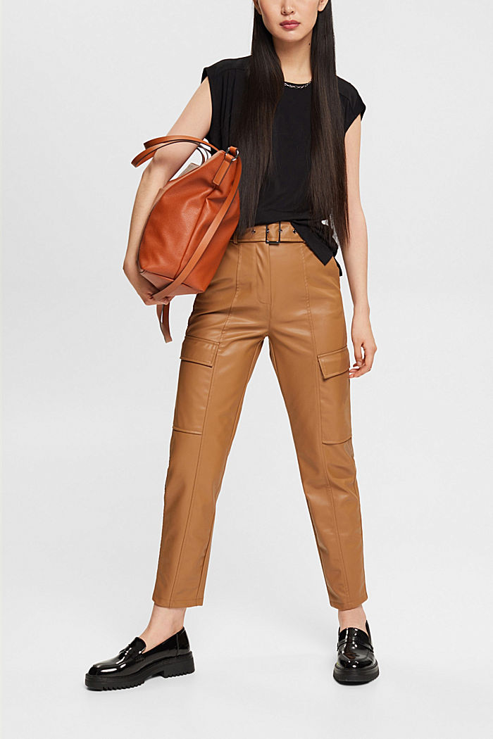 Faux leather trousers with belt, CARAMEL, detail-asia image number 1
