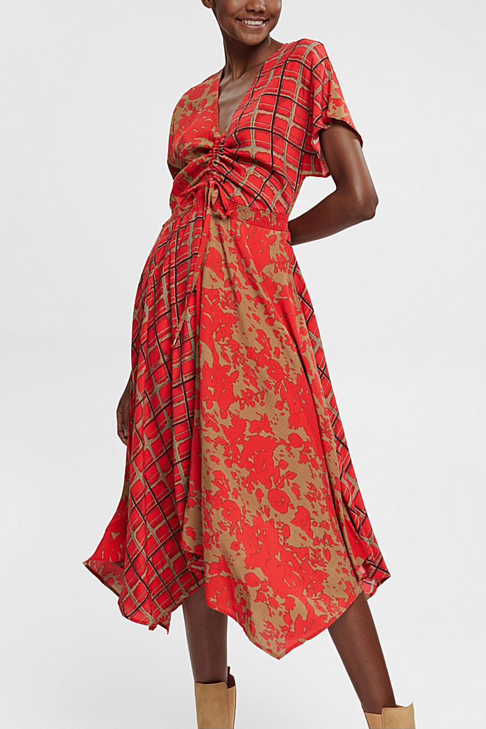 Mixed pattern dress, LENZING™ ECOVERO™, RED, overview-asia