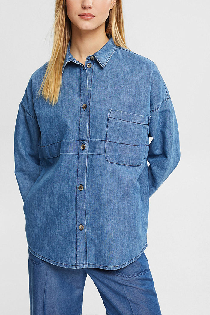 With hemp: denim blouse, BLUE MEDIUM WASHED, detail-asia image number 0