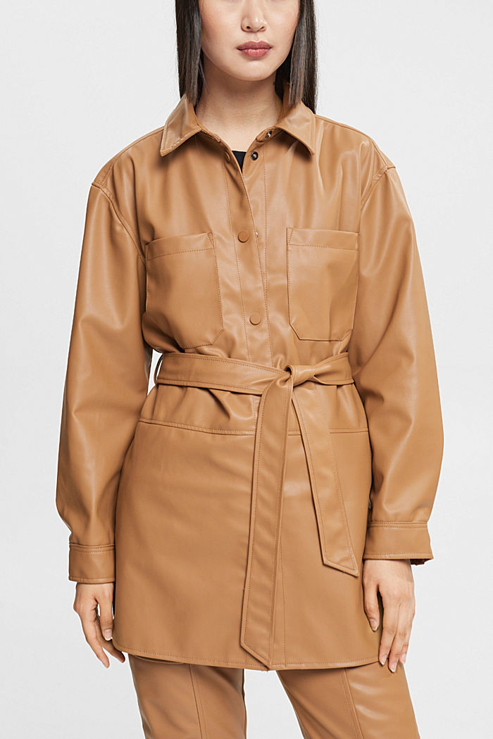Faux leather shacket with belt, CARAMEL, detail-asia image number 0
