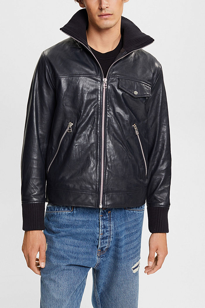 Leather jacket with rib knit collar