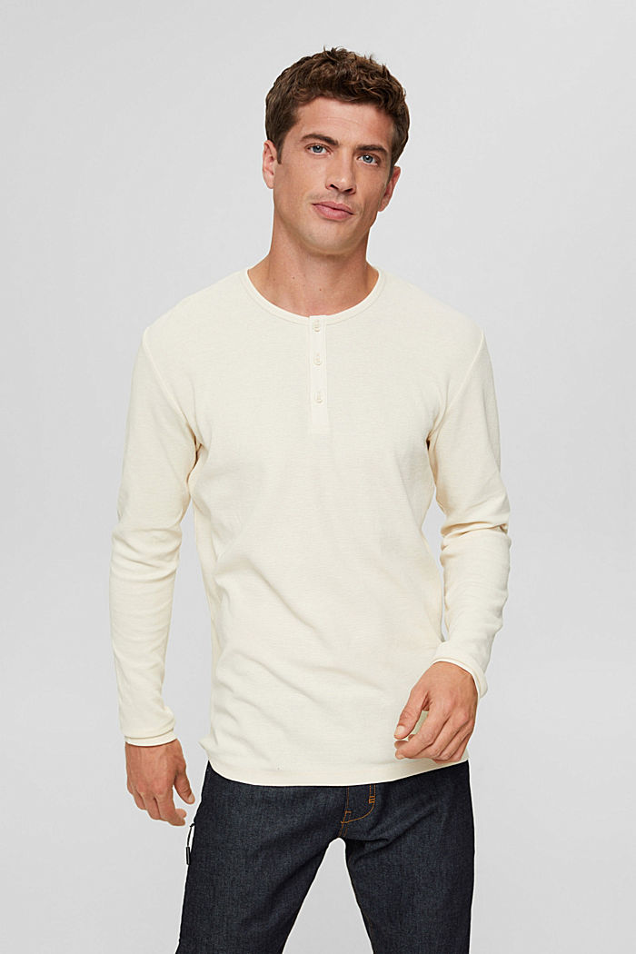 T-shirt à manches longues et patte de boutonnage, coton biologique, OFF WHITE, detail image number 0