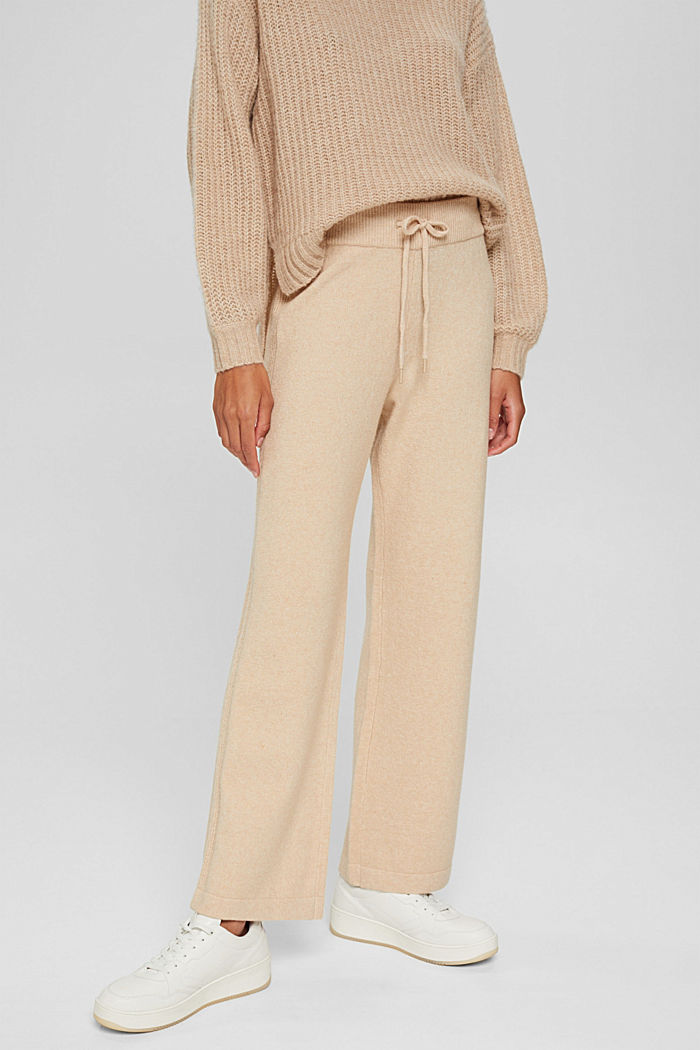Wool blend: knitted trousers with a wide leg, BEIGE, overview