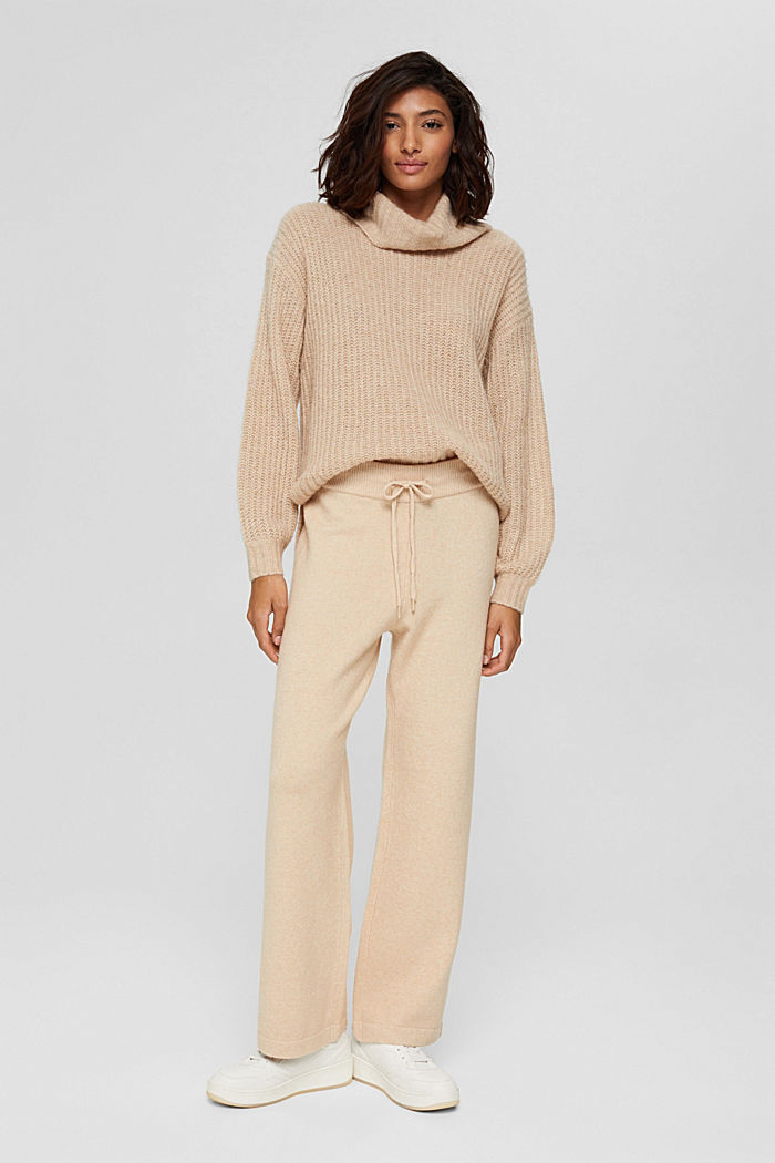 Wool blend: knitted trousers with a wide leg, BEIGE, detail image number 1