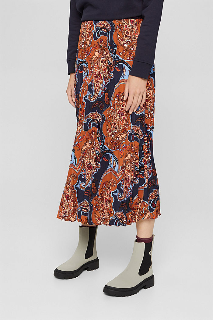 Recycled: pleated midi skirt with a paisley print, NAVY, detail image number 0