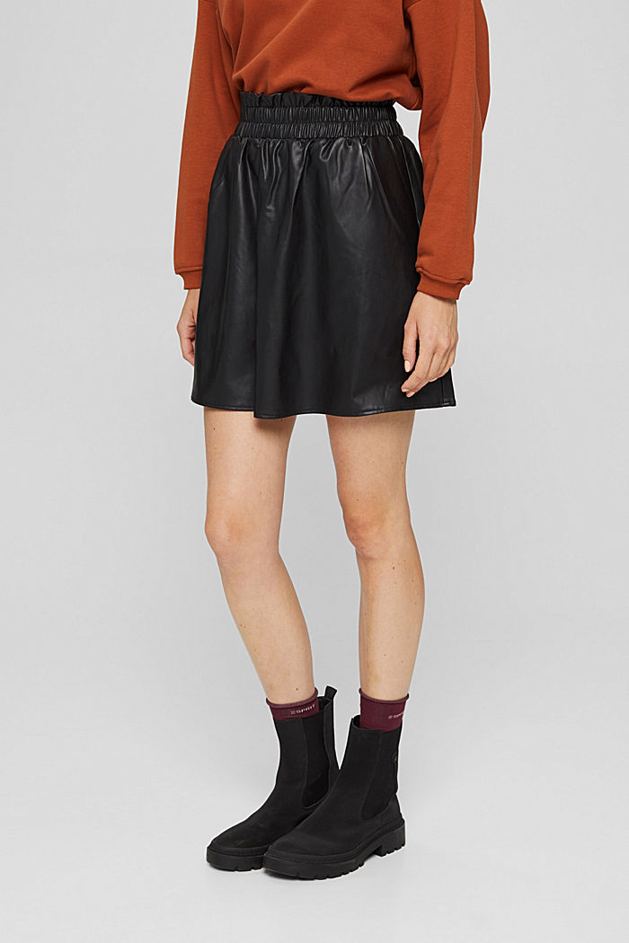 Faux leather mini skirt with a smocked waistband, BLACK, detail image number 0