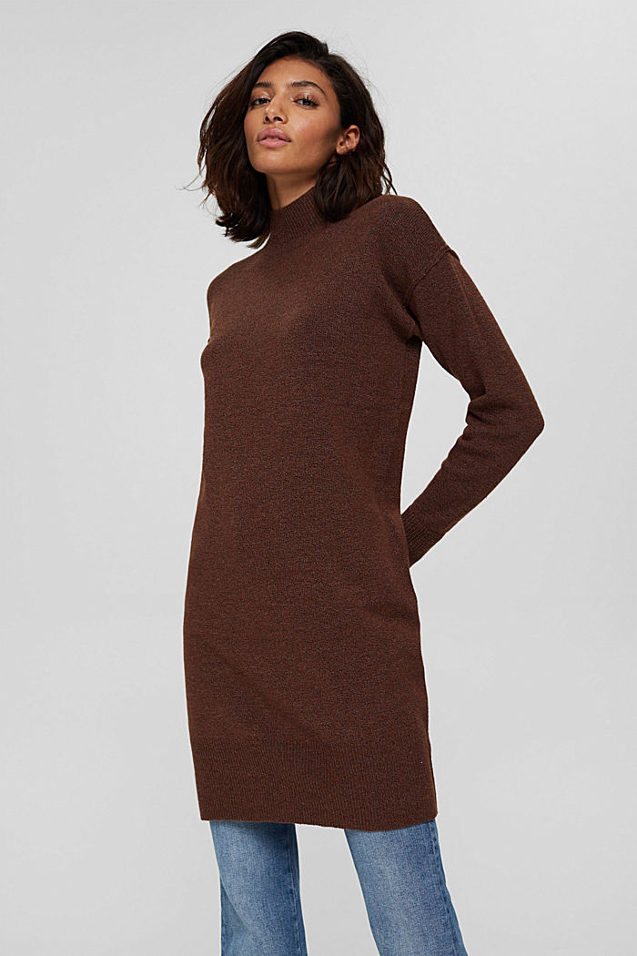 Met wol: gebreide jurk met lager aangezette schouders, BROWN, detail image number 0