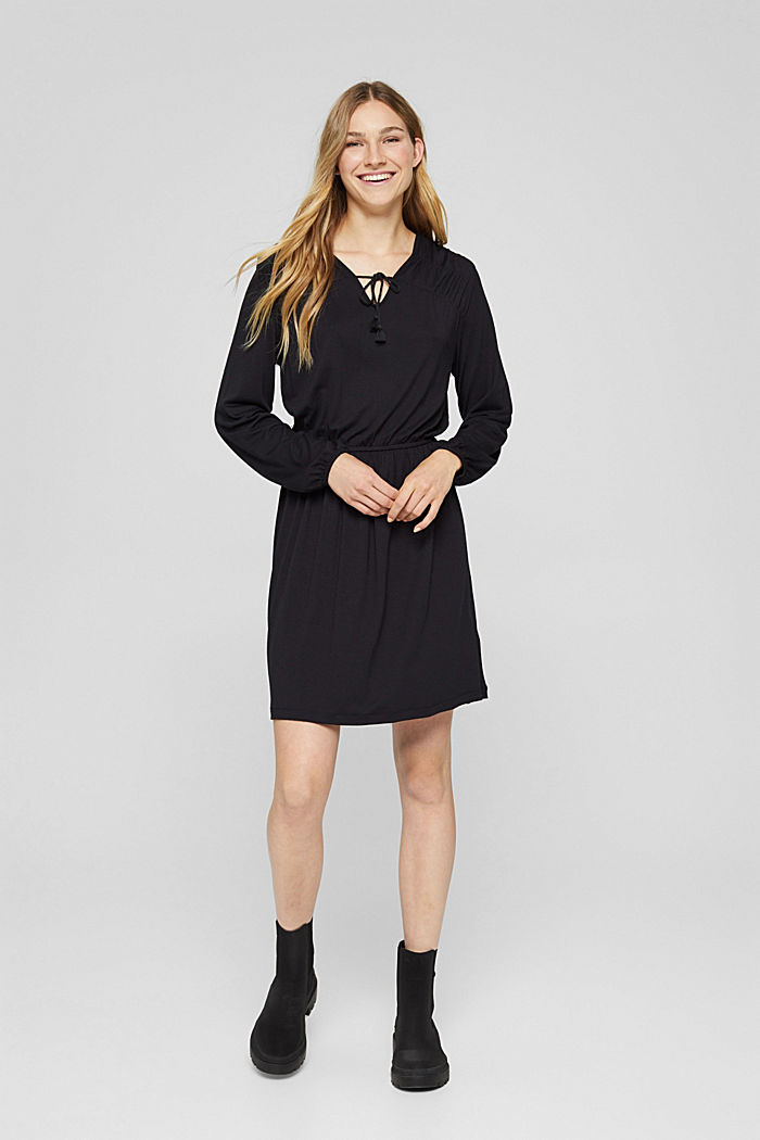 Jersey dress with tasselled ties, LENZING™ ECOVERO™, BLACK, detail image number 5