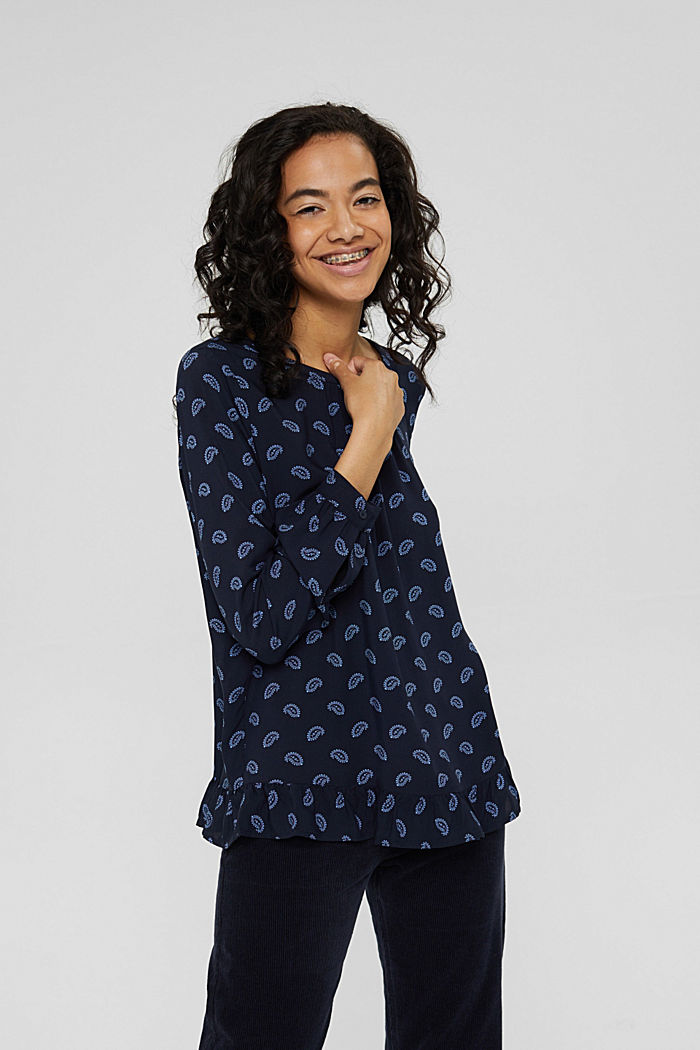 Printed blouse with frills, LENZING™ ECOVERO™, NAVY, detail image number 0