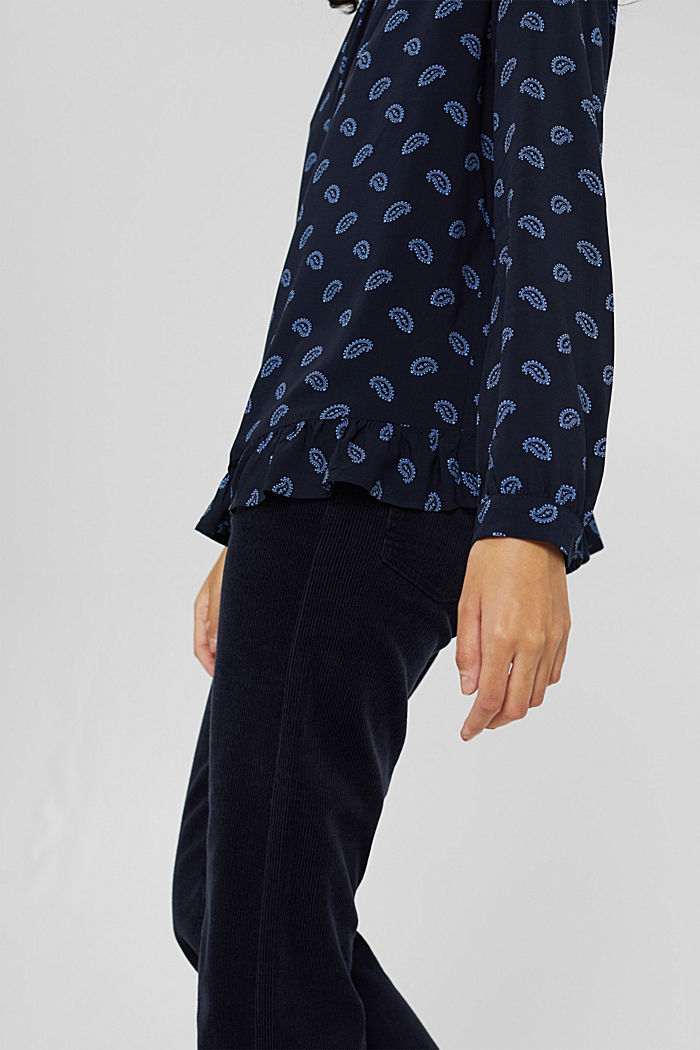 Printed blouse with frills, LENZING™ ECOVERO™, NAVY, overview