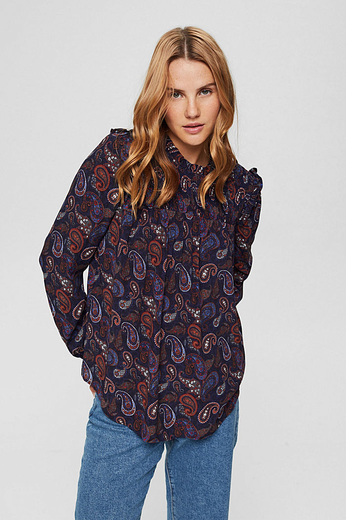 Smocked blouse with a paisley print, LENZING™ ECOVERO™, NAVY, detail image number 0