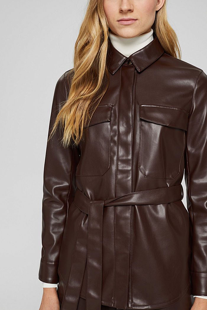 Faux leather shacket with a belt, BROWN, detail image number 2