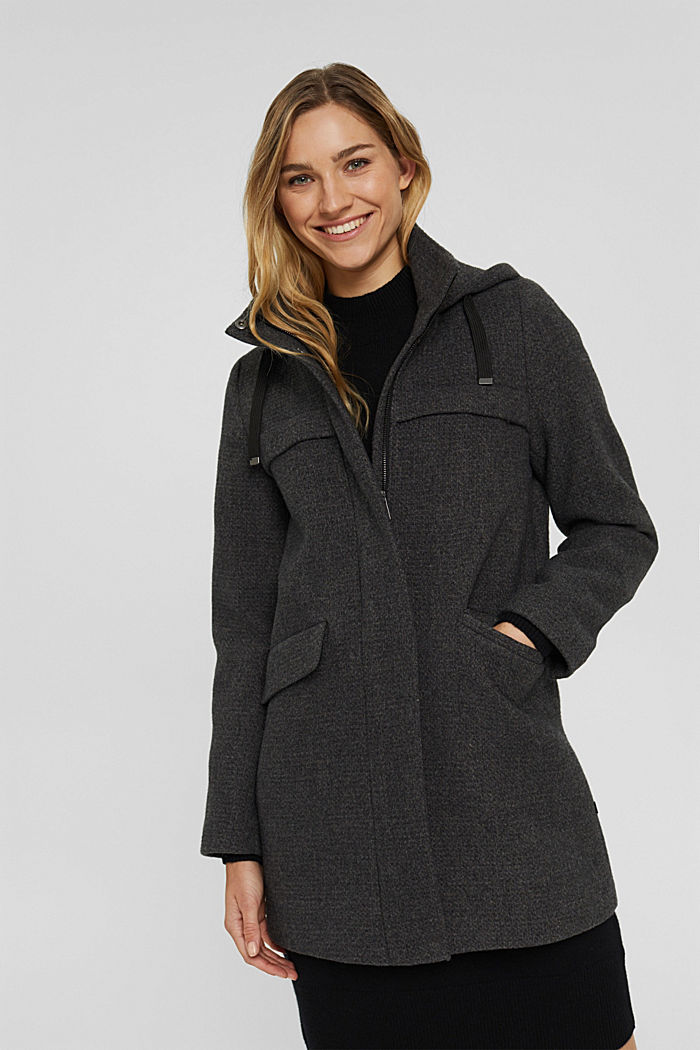 In recycled blended wool: coat with waffle texture, ANTHRACITE, overview