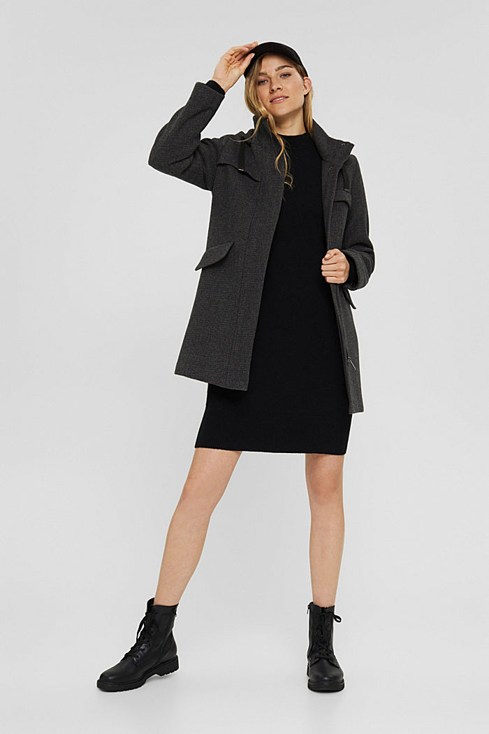 In recycled blended wool: coat with waffle texture, ANTHRACITE, detail image number 1
