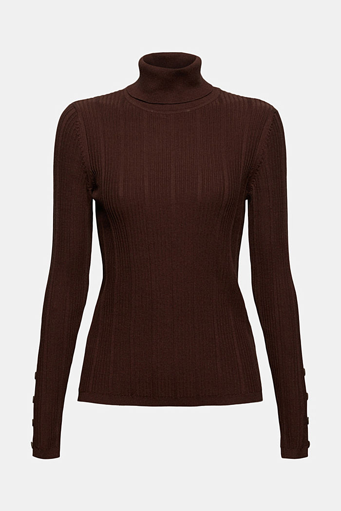 Ribbed polo neck jumper, 100% cotton, BROWN, overview