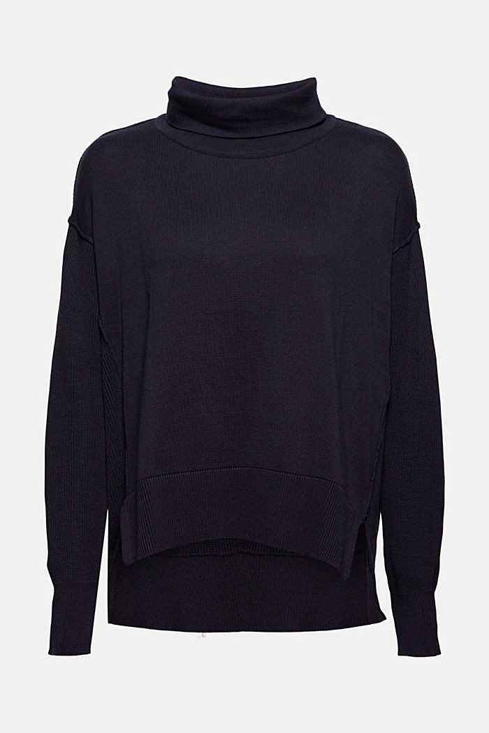 Boxy polo neck jumper made of 100% organic cotton, NAVY, overview