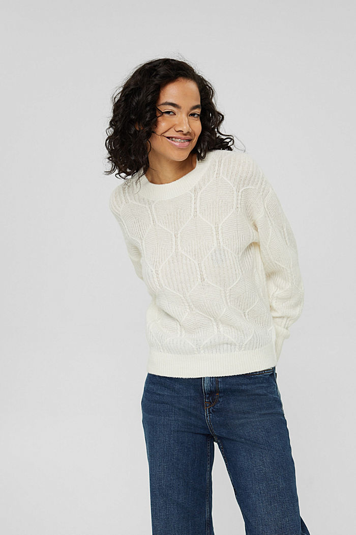 Wool/alpaca blend: jumper in a patterned knit, OFF WHITE, detail image number 0
