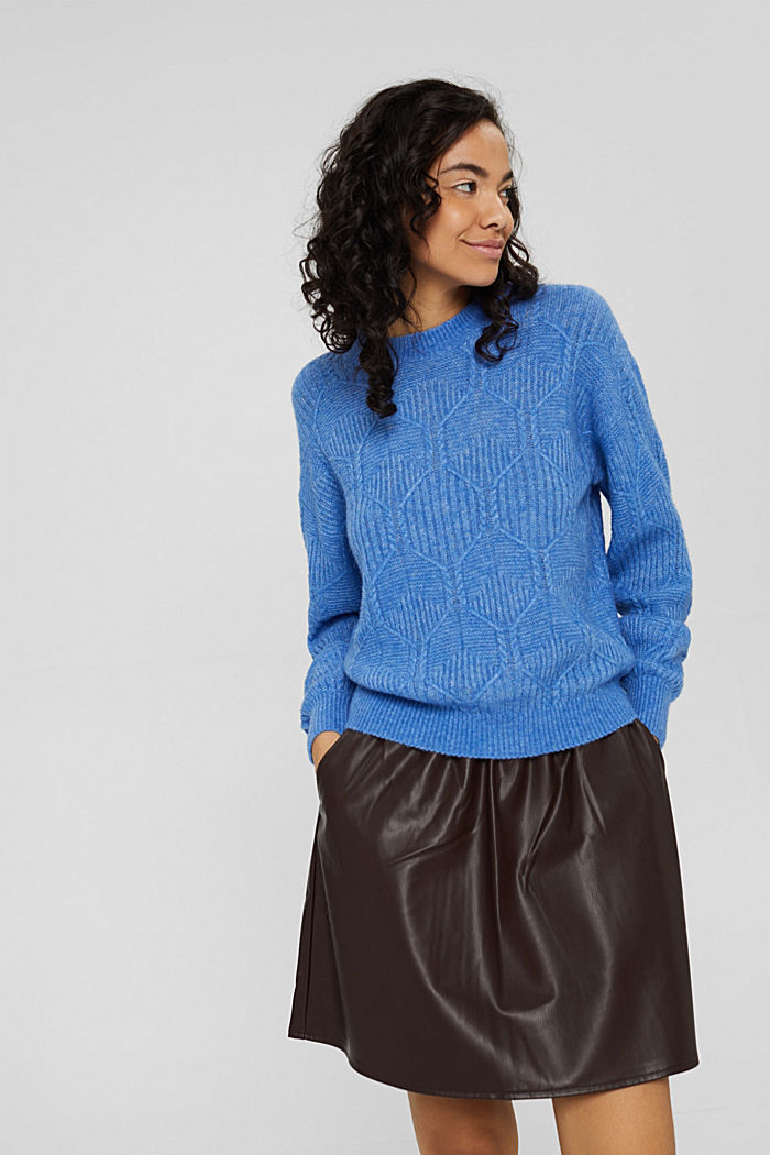 Wool/alpaca blend: jumper in a patterned knit, BRIGHT BLUE, detail image number 0