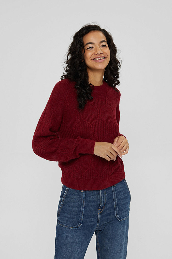 Wool/alpaca blend: jumper in a patterned knit, DARK RED, detail image number 0