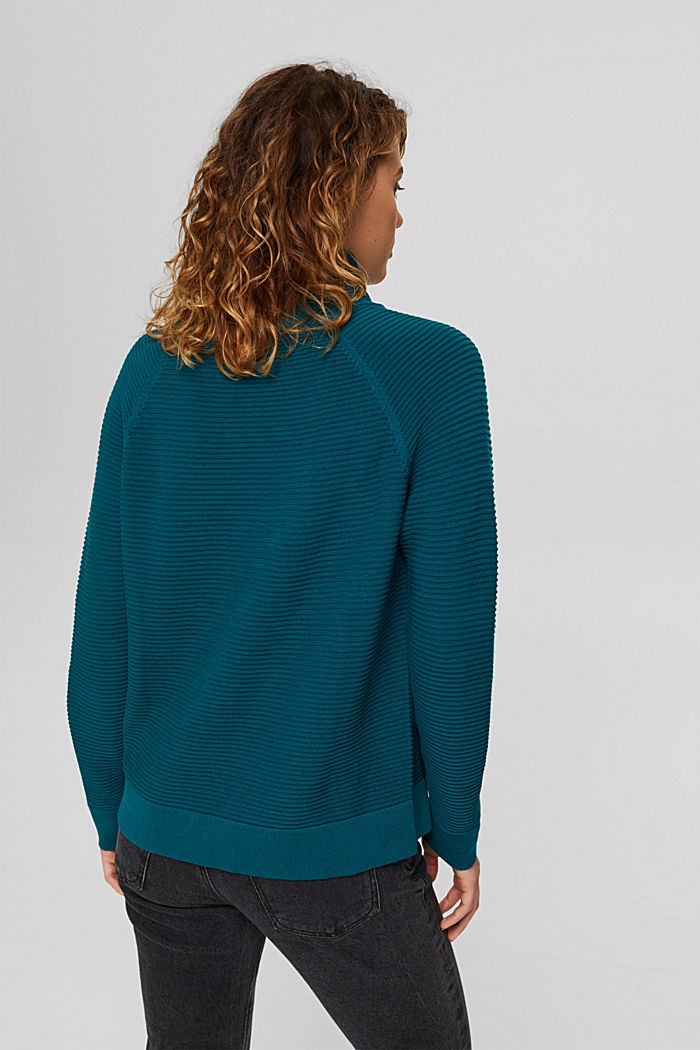 Ribbed jumper with a drawstring collar, cotton, EMERALD GREEN, detail image number 3