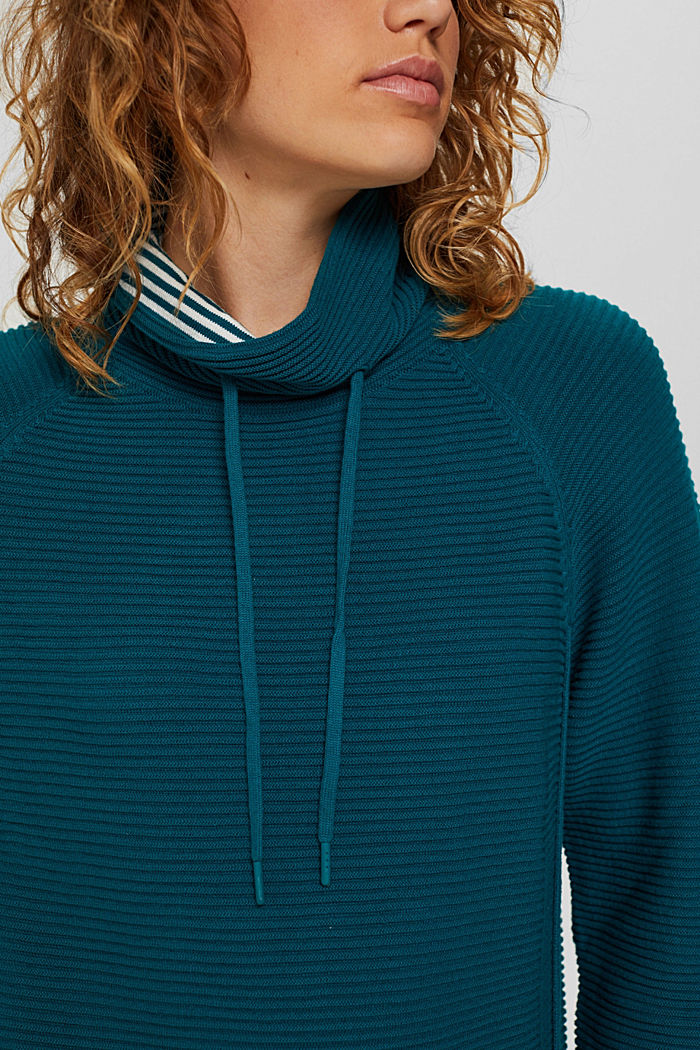 Ribbed jumper with a drawstring collar, cotton, EMERALD GREEN, detail image number 2