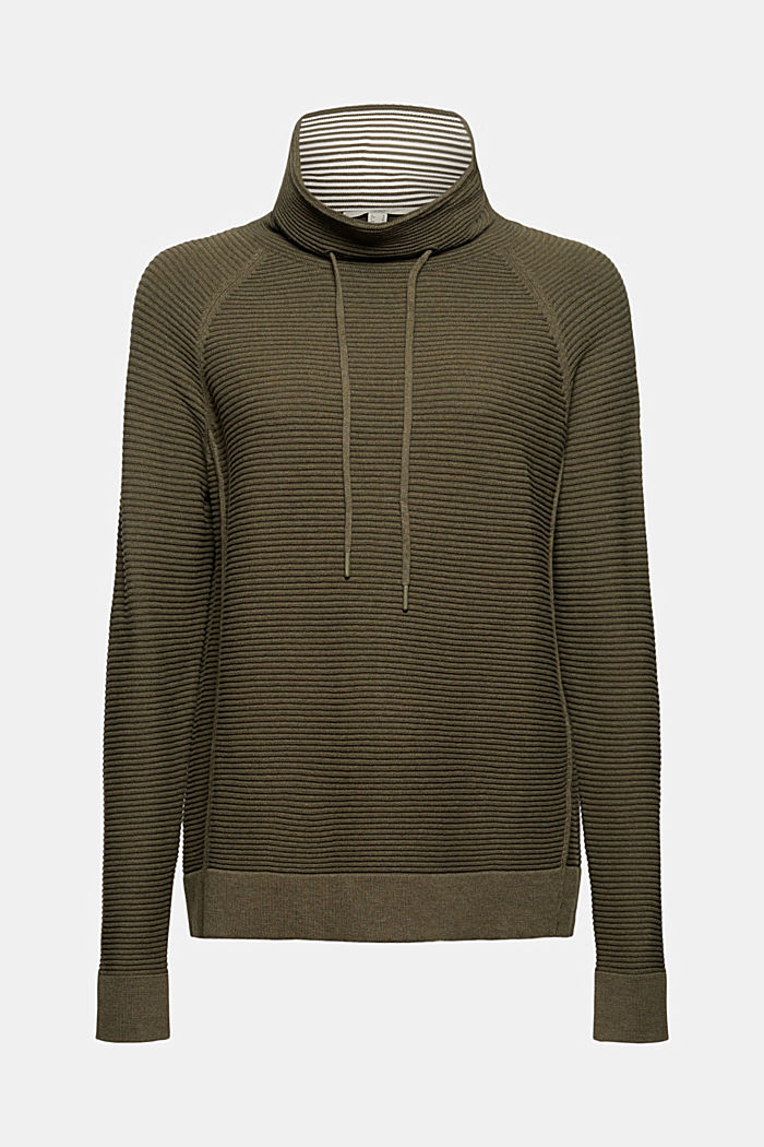 Ribbed jumper with a drawstring collar, cotton, DARK KHAKI, overview