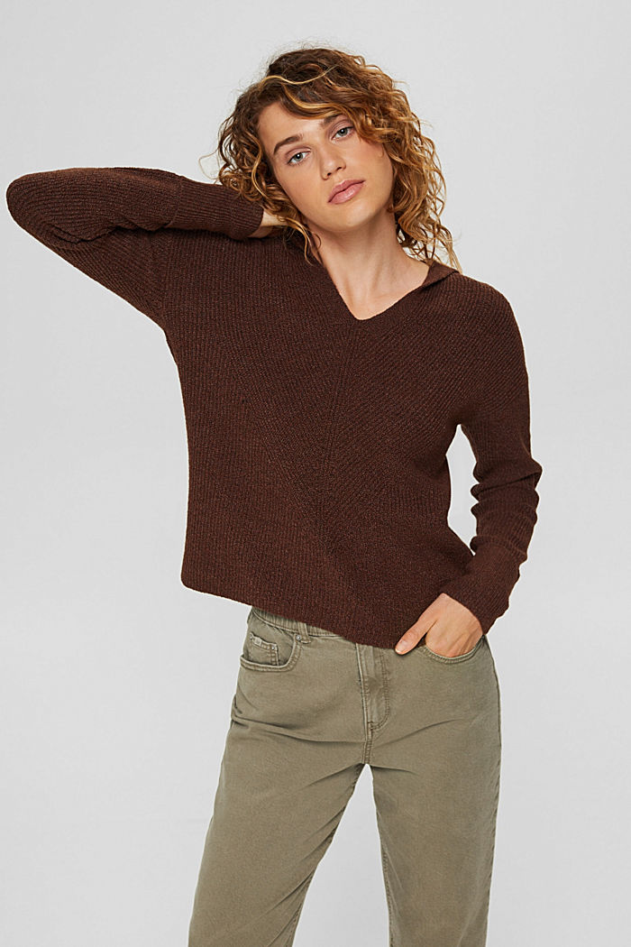 Wool blend: rib knit hoodie, BROWN, detail image number 0