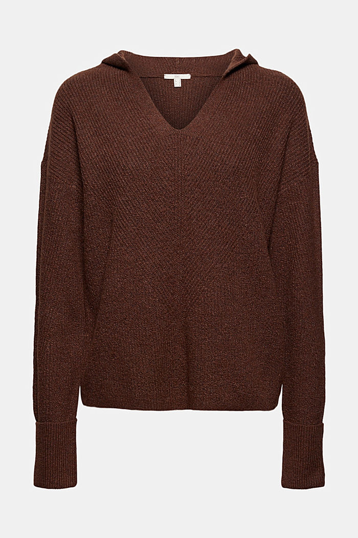 Wool blend: rib knit hoodie, BROWN, overview
