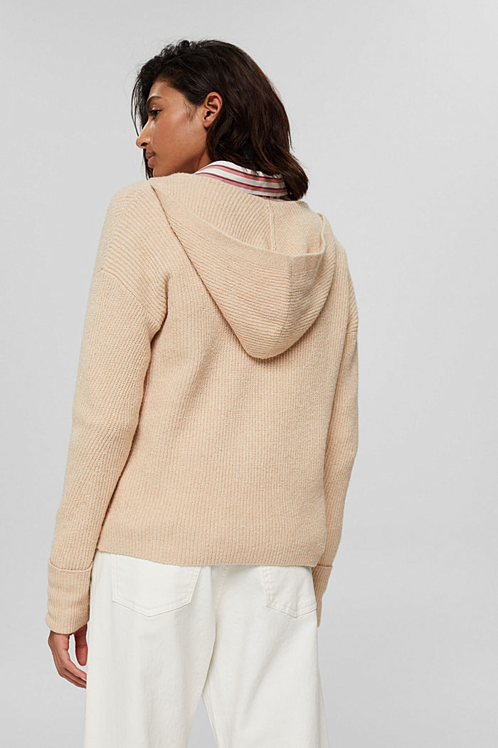 Wool blend: rib knit hoodie, BEIGE, detail image number 3