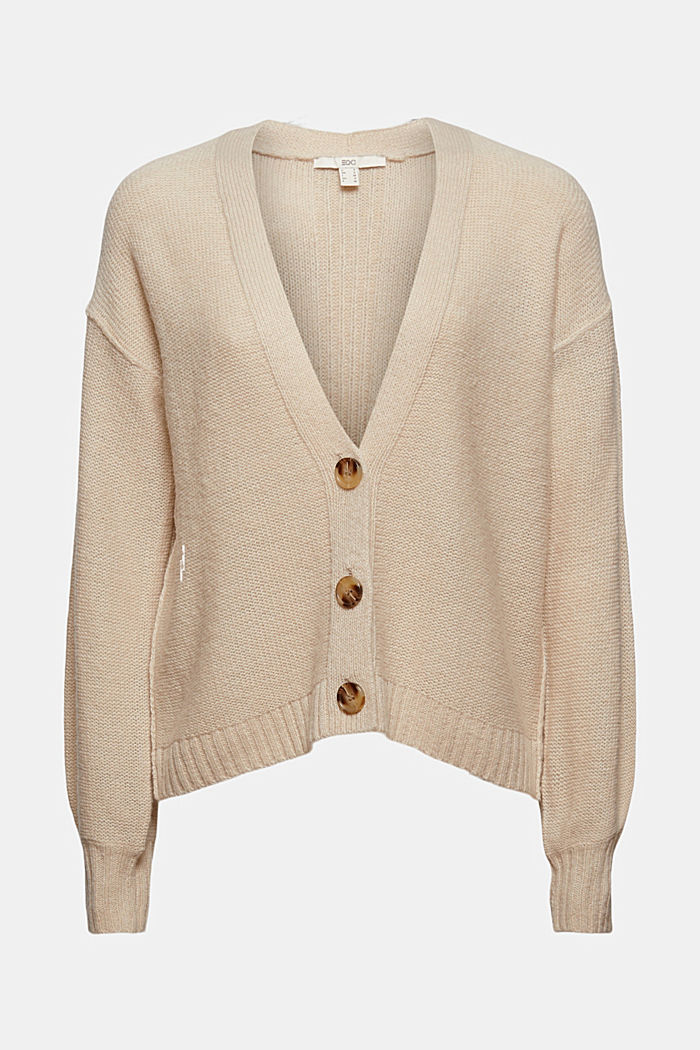 Wool blend: cardigan with inside-out seams, BEIGE, overview