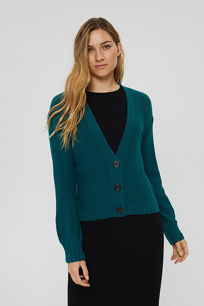Wool blend: cardigan with inside-out seams, EMERALD GREEN, detail image number 0