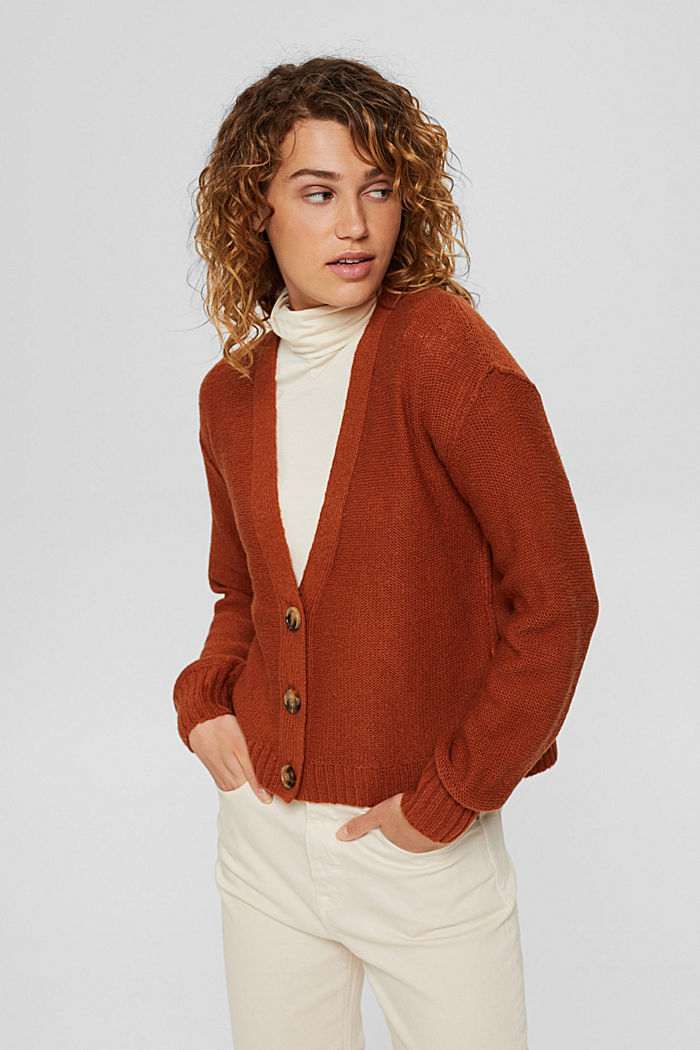 Wool blend: cardigan with inside-out seams, RUST ORANGE, detail image number 0