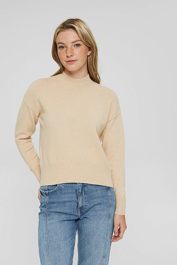 Wool blend: jumper with inside-out seams, BEIGE, overview