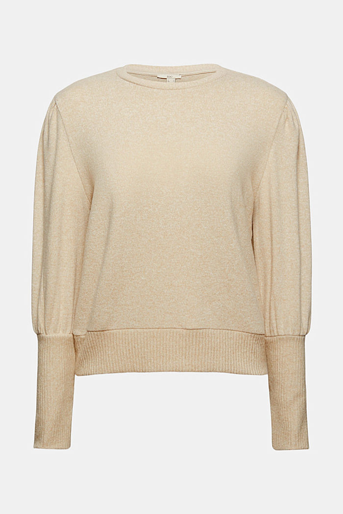 Brushed long sleeve top with balloon sleeves, BEIGE, overview