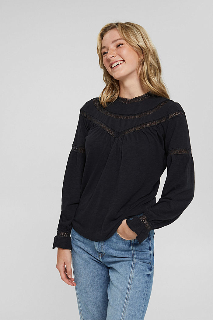 Long sleeve top made of blended organic cotton with lace, BLACK, detail image number 0